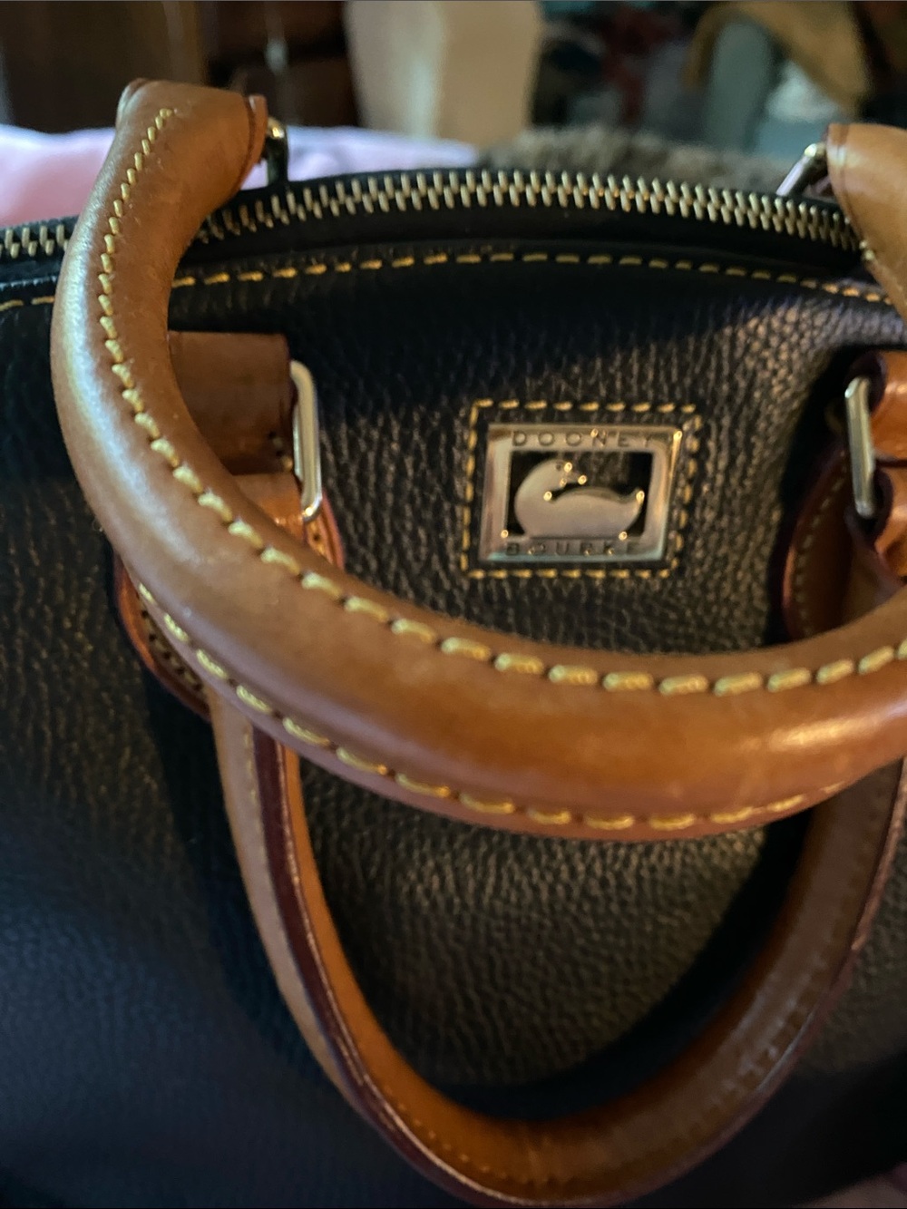 Dooney & Bourke Black Leather Satchel with Tan Trim and Gold Hardware - Picture 3 of 16